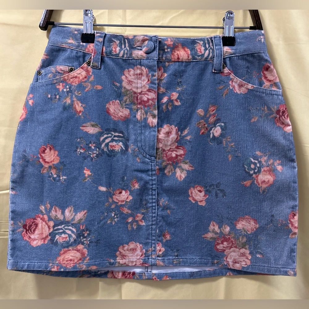 LoveShackFancy Blue and Pink Floral Mini Skirt Corduroy, Size 8